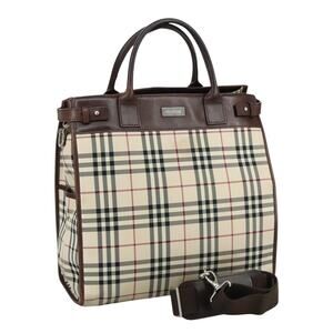 Burberry Nova Check Tote Bag Canvas Leather Beige Brown Silver